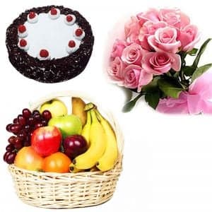 Pink Roses with Cake n Fruit Basket